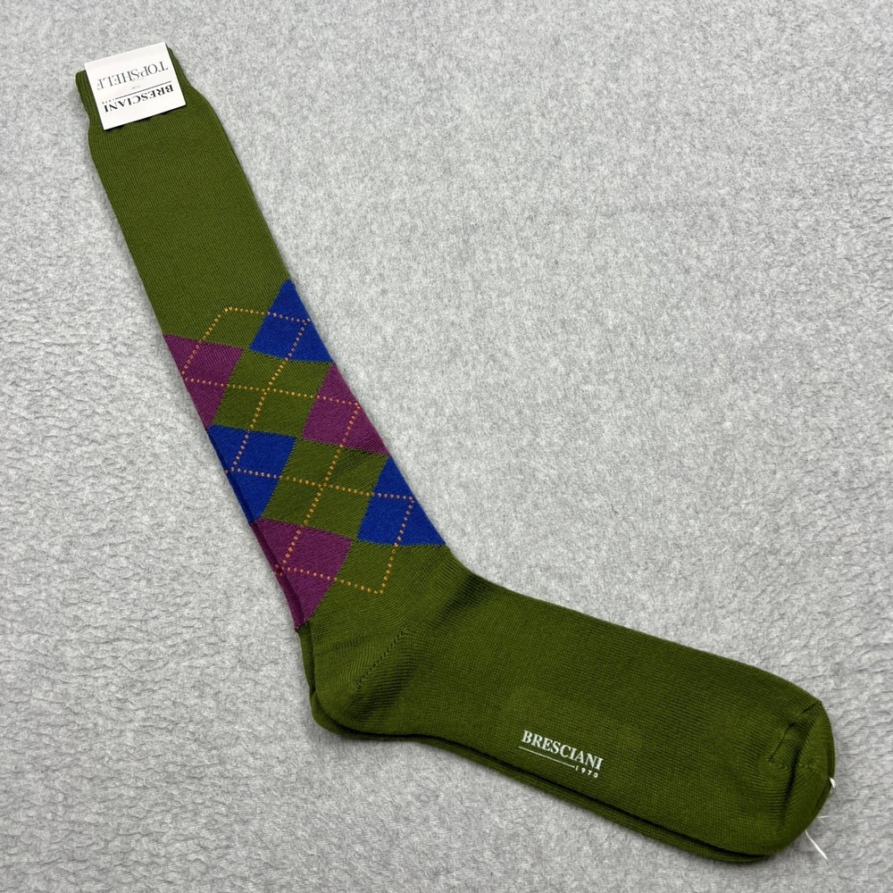 NEW Bresciani Top Shelf Dress Socks Men's Large Green Wool Argyle Italy Made NWT